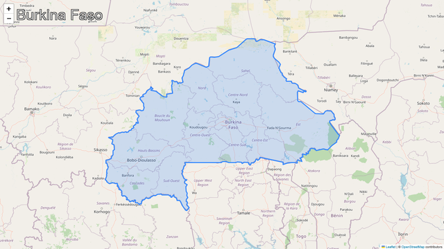 A map zoomed into the country of Burkina Faso