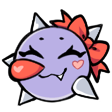 A cartoon drawing of my OC, Zelda. Zelda is a lavender-colored spike-ball girl with a cute red bow on her head. She is grinning with pride.