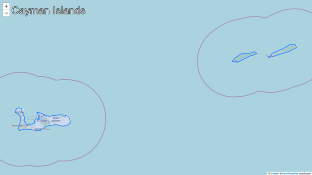 A map zoomed into the country of Cayman Islands