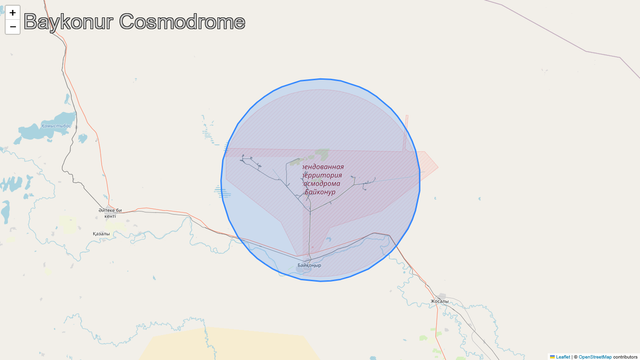 A map zoomed into the country of Baykonur Cosmodrome