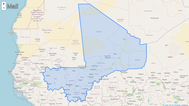 A map zoomed into the country of Mali