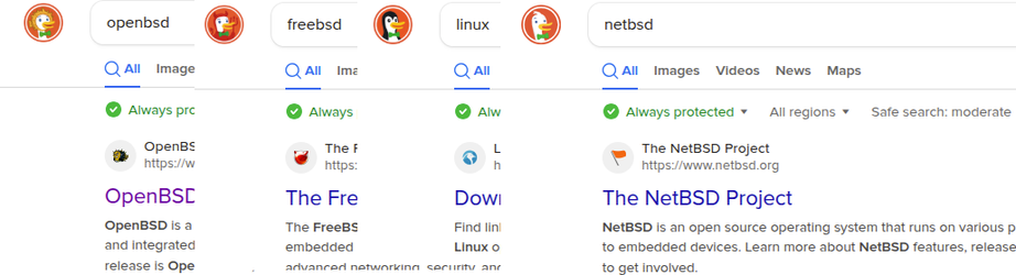 Four screenshots of DuckDuckGo search bar: "openbsd", "freebsd", "linux", "netbsd" with DDG logo changed respectively for every search term except for NetBSD.