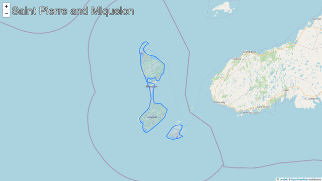 A map zoomed into the country of Saint Pierre and Miquelon