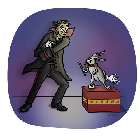 A color single-panel cartoon signed by M. Schulz. A magician in a dark suit and cape stands to the left, reaching one arm into a top hat with a look of wide-eyed shock. On the right, a rabbit in a bowtie stands atop a small, decorated platform, gripping a magician’s wand. The rabbit looks back over his shoulder with a startled expression. The magician’s hand is emerging from the rabbit’s rear end.