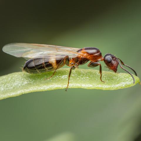 A winged ant on a leaf