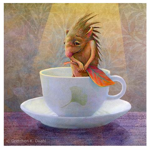 Bashful Monster in a Teacup
Humans aren't the only ones who enjoy a spot of tea now and again. Little monsters have been know to slip quietly into kitchens when no one is around and sneak a sip of two of freshly brewed sweetness. Alas, some of these tiny creatures may become so enamored with the tea, that they sip themselves silly and fall into a state of euphoria, causing all manner of behavior.