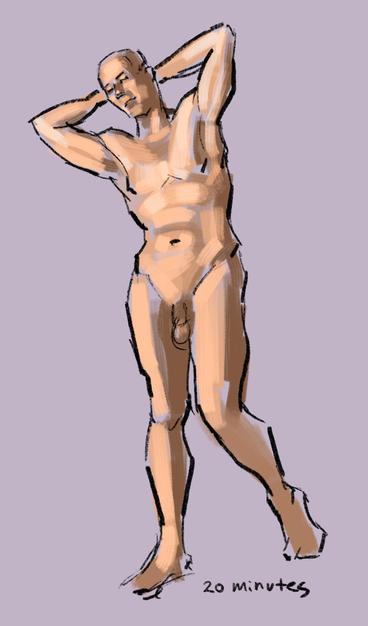 A nude male model stands with both hands behind his head.