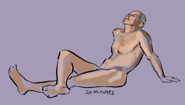 A nude male model sits on the floor and leans back on both hands. His left extends out before him, and his right ankle crosses over his left knee.