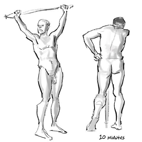 Two views of a standing nude male model. In the first view, he holds a short stick above his head with both hands. In the second view, he has a staff before him with his right hand. His left hand is on his hip.