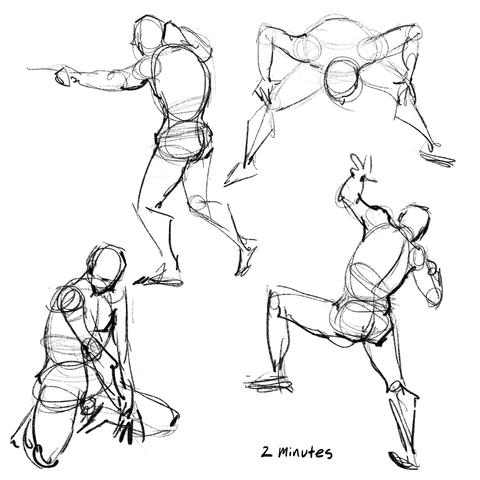 Four views of a nude male model. In the first view, he trusts a stick before him in a sword fighter's stance. In the second view, he bends his torso forward so it is parallel to the floor. His feet are placed wide apart, and his hands are on his knees. In the third view, he kneels with his fingertips touching the floor before him. In the fourth view, he stands with his left foot on a folding chair. His upper torso leans to his right, and both hands are raised.