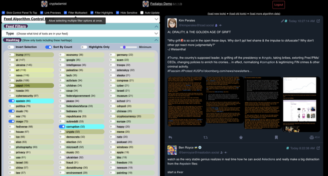 screenshot of fedialgo multiselect for hashtag filters
