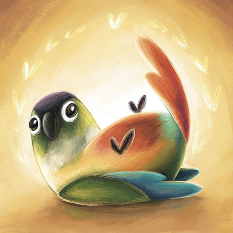 Digital drawing: a cute and chubby green cheek conure is lying on its back, its head up looking to the side with slightly vacant, googly-looking eyes. The top of its head is a warm grey, it has a green face, a light grey collar, and its belly is a yellow and red gradient. It’s red tail is curling up slightly above it’s body and two little heart-shaped feet are hanging in the air. The background is a soft yellow that goes brighter towards the center until it’s completely white