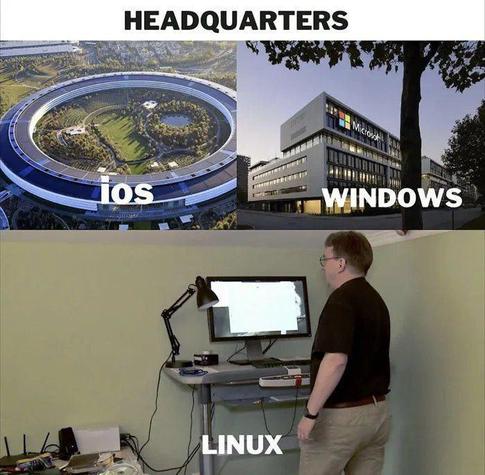 Three images showing the headquarters of major operating systems. The top left shows Apple's massive circular "spaceship" HQ labeled "iOS". Top right shows Microsoft's sleek modern building labeled "Windows". Bottom image shows a man standing in a modest home office setup, labeled "Linux", humorously suggesting Linux has no official headquarters.