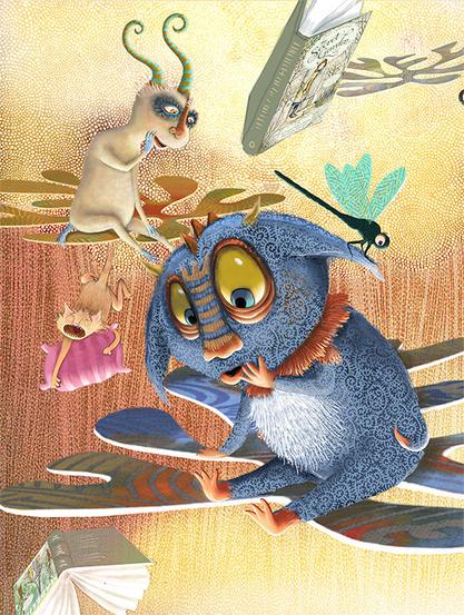 Against a light-filled, textured background, multiple monsters of all shapes and sizes gleefully leap into an open space and fly, float and... fall. :-)