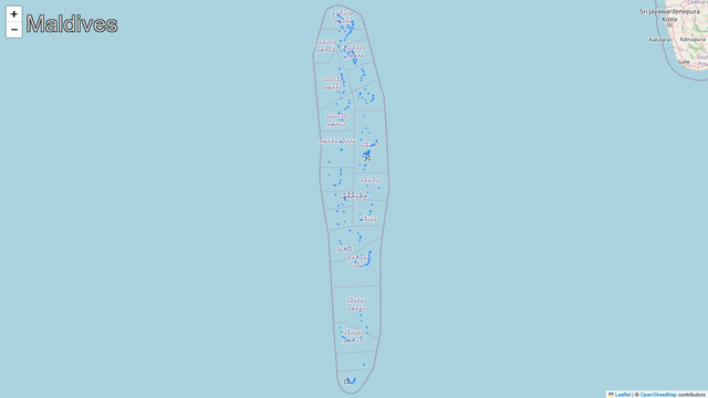 A map zoomed into the country of Maldives