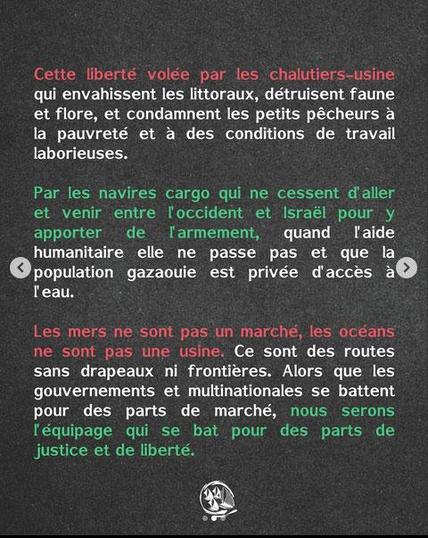 Les mers ne sont pas un marché, les océans ne sont pas une usine. Alors que les gouvernements et les multinatinales se battent pour des parts de marché, nous serons l equipage qui se bat pour des parts de justice et de liberté.