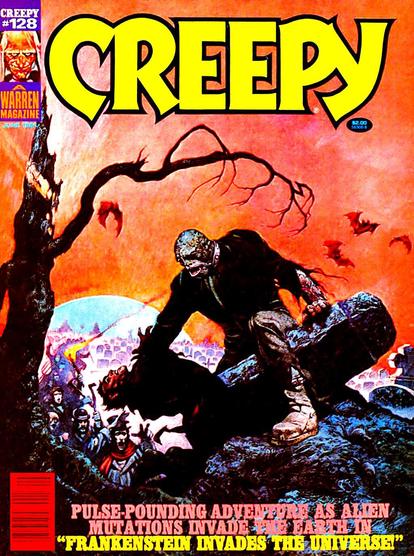 In a graveyard, a large humanoid monster with scales is rising from behind a stone and strangling a man. A mob of people is visible in the background.

Creepy magazine cover 1981.