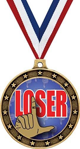 Photo of a bronze medal on a red, white and blue ribbon. There are stars around the word “LOSER” in big, red letters!