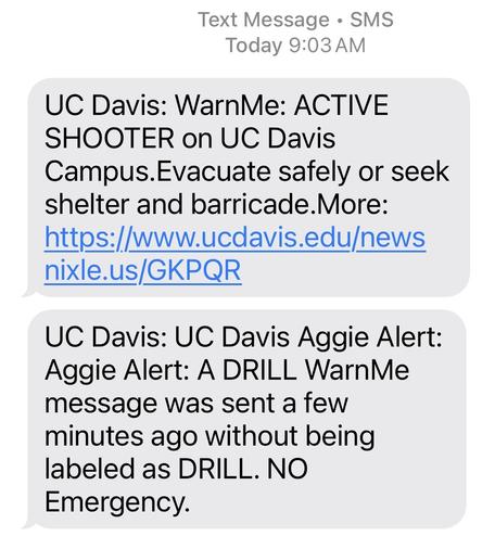 Active shooter drills text warning that is actually a drill.