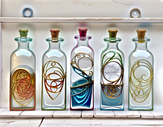 Five elegant empty glass bottles with stoppers, each decorated with intricate metallic scrollwork in distinct colors, displayed on a rustic white wooden shelf in a fantasy apothecary.