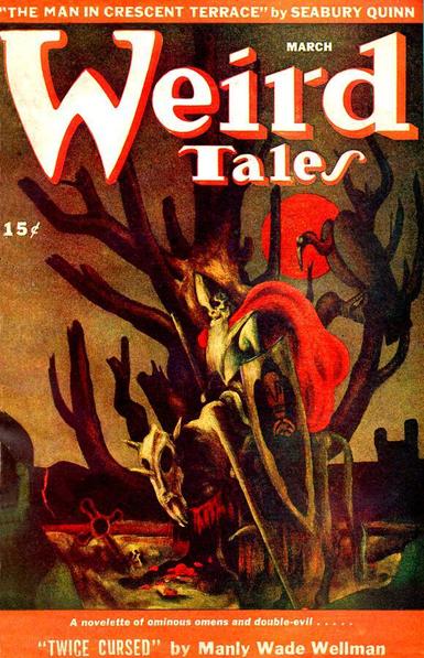 A night-time scene of a skeletal knight on the back of a skeletal horse, beneath a tree with a vulture looking down.

Weird Tales magazine cover from 1946.
