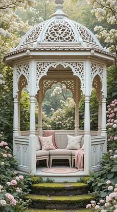 A beautiful Victoria gazebo with lace decorations for it's trim sitting a gorgeous garden of flowers and the gazebo has a rounded sofa in pastel colors and throw pillows the same hues of color and an Oriental round rug