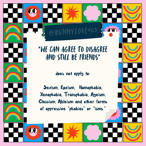 "WE CAN AGREE TO DISAGREE AND STILL BE FRIENDS" does not apply to: Sexism, Racism, Homophobia, Xenophobia, Transphobia, Ageism, Classism, Ableism and other forms of oppressive "phobias" or "isms."
