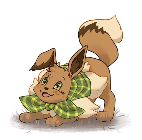 A drawing of the pokemon eevee wearing a plaid green bandana and posing playfully at the sky. She is the partner character from the game pokemon mystery dungeon explorers of the sky game