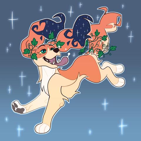 A drawing of a cocker spaniel dog with halloween colors and ivy leaves on her ears and tail falling down in the sky