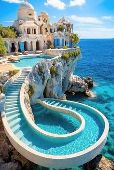 A mansion set on a cliff of a pretty blue ocean and from the mansion is a unique Whimsical large pool that is set at the top than it narrows with water flowing on to swirling steps and turns half way down into a beautiful narrow pool and also an additional round pool with stairs that than lead inside the cliffs!
