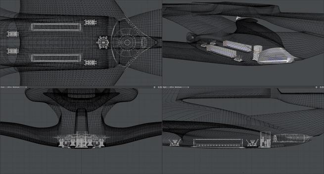 A wireframe view of my White Star model showing how the meditation room, boarding tube, landing gear, and boarding ramps fit within the lower hull when retracted.