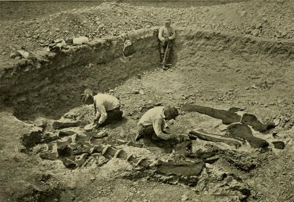 Small photo of the Bone Cabin Quarry in 1898, with two men working on extracting a dinosaur skeleton from the ground.