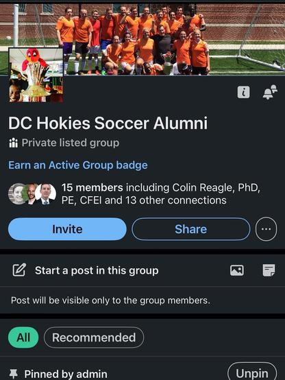 Image features a group of people in orange soccer jerseys gathered on a field, likely for a reunion or event related to a soccer alumni group. The group's name, "DC Hokies Soccer Alumni," is displayed prominently, along with member details and options.