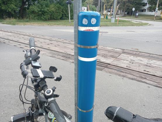 A blue bollard with a painted-on face. It looks slightly startled.

In the foreground is Bob's bike leaning against the bollard, in the background are the Spur Line tracks and neighbourhood greenery.