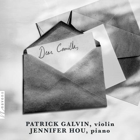 Cover of Patrick Galvin & Jennifer Hou's Navona Records album "Dear Camilla,", featuring a graphic with some letters, one opened with card addressed "Dear Camilla,".