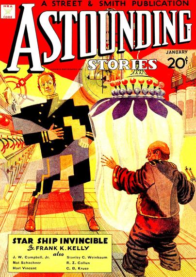 In a technological setting, one figure facing the viewer is distorted into rectangular blocks, possibly by a huge ornamental-lamp-looking device held by a shorter figure with its back to us in a baggy protective suit.
Astounding Stories magazine cover from 1935.