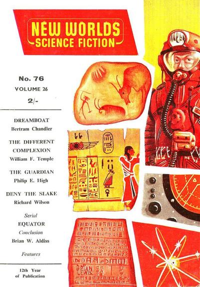 Fragmented irregularly-shaped blocks contain: a space-suited figure; cave paintings; Egyptian hieroglyphs; a dial and controls; a Rosetta-stone type tablet; a diagram of an atom.
New Worlds magazine cover from 1958.