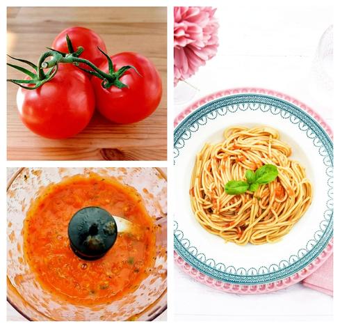 Large ripe tomatoes, tomato sauce in a food processor and on spaghetti.