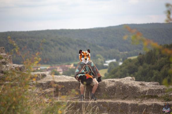A person wearing a fox-inspired fursuit head with dragon elements (a Drox) is sitting on large stone blocks outdoors. The fursuit head is orange with black and white details, and decorated with a flower crown, giving it a soft, playful touch. The person is also wearing a patterned poncho with earthy tones and shorts, with their paws visible resting on their lap.
In the background, there’s a vast green valley with forests and hills, with a small village visible below and a river winding through the landscape. The sky is mostly cloudy, casting a calm, slightly dreamy atmosphere.
Overall, the image feels peaceful, natural, and a bit whimsical — like a character pausing on a hike to enjoy the view.