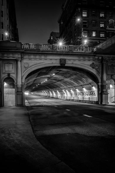 Stockton tunnel under Bush Street in downtown San Francisco by night.