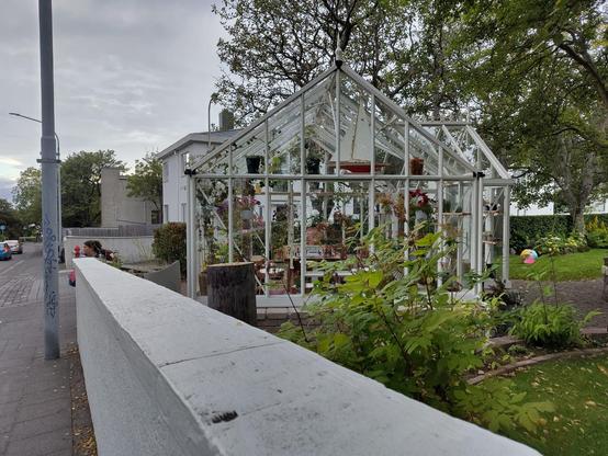 An eine Seitenstraße grenzt ein Garten. Unter Bäumen und im Grün steht ein Gewächshaus mit weißem Rahmen. Im Gewächshaus sind überall Pflanzen auch in Töpfen von der Decke hängend, aber auch ein Boot. In der Mitte ein kleiner Tisch mit einem Schachbrett, einer Schachuhr und zwei Stühen. Das Bild ist nicht von mir, aber ich weiß, wer es gemacht hat :)