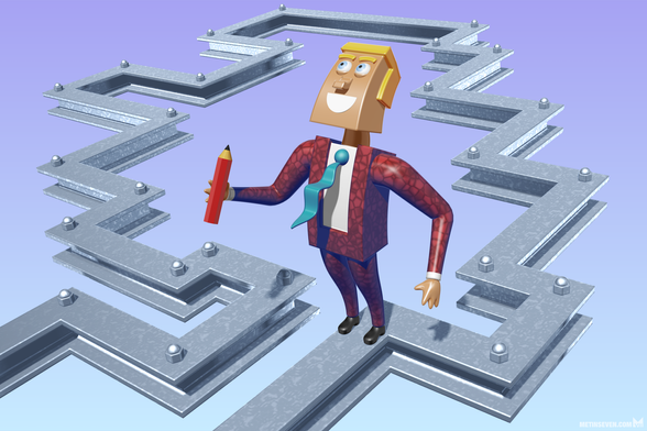 Stylized 3D illustration, showing a motivated engineer with a large pencil in his hand, standing on a semi-abstract steel building foundation.