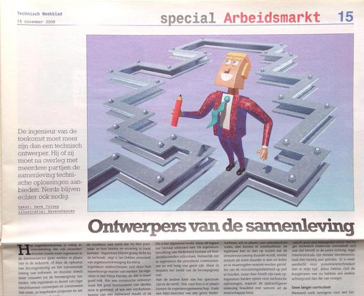 Magazine page, featuring a stylized 3D illustration, showing a motivated engineer with a large pencil in his hand, standing on a semi-abstract steel building foundation.