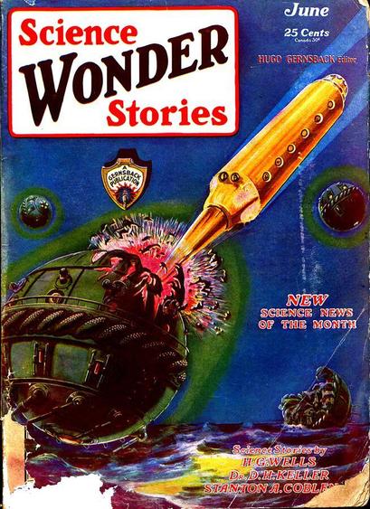 A pointed, bright golden ship is diving into the image from top right, piercing a much older-looking green/bronze spherical object. Other such spheres are in the background.
Magazine cover from 1929.
