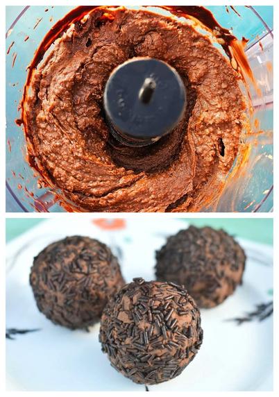 Truffles mixture in a mini food processor and finished truffles on a plate.