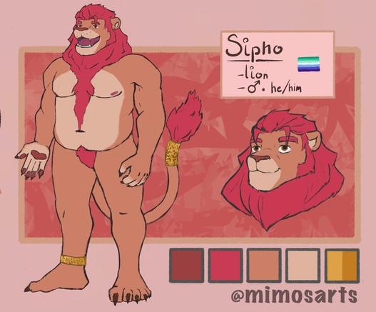 Sipho a pinkish orange lion fursona with a pink main. A golden ankle bracelet and gold tail jewelry