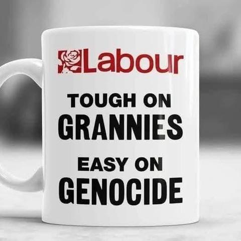 Photonic a white mug, with text printed on it.  
The word "Labour" is printed in the style of the logo of the UK Labour Party.
Below the logo are two phrases: "tough on grannies" and "easy on genocide".