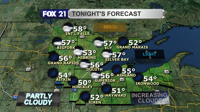 Clouds will increase across the Northland Tuesday night, with some showers and a possible thunderstorms coming south across the Canadian border before sunrise.  Winds remain light with low temperatures in the 50s.