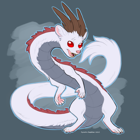 A digital sketch illustration by Dynamo-Deepblue of a ferret dragon character. The character's body is long and serpentine like an eastern dragon with white fur, with the head and limbs of a ferret, gray scales on the neck and belly, a ridge of red spikes doing the spine and three brown horns that look somewhat like tree branches. The character has bright red beady eyes and is rearing up on his hind legs, showing his teeth. This is a redesign of the character in the following image.