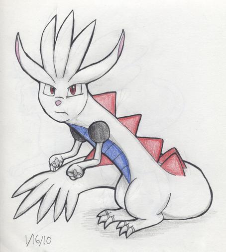 A traditional drawing by Dynamo-Deepblue of a ferret dragon character, dated January 16, 2010, drawn in ink and colored pencil. The character has a long body similar to an eastern dragon with white fur, blue scales on the chest and stomach, and large triangle-shaped red spikes down the spine. The shoulders are black spheres and the arms are twig-like with claws on the end. The character has three long tufts of fur on his head and two long ears in the same shapes as the tufts, resembling the hairstyle of Silver the Hedgehog. The character has red eyes and is looking with a serious frown toward the viewer. At the time, he was referred to as a "hedge-ferret" due to his resemblance to Silver the Hedgehog and the Pokemon Furret, who has a similarly long body and short limbs. Compared to the design in the previous drawing, this design is more cartoony and geometric, and the eyes are more "anime" compared to the more animalistic eyes of the new version.